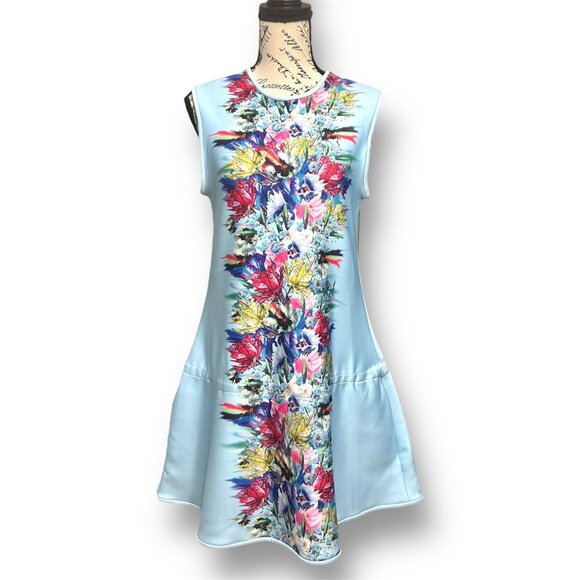 Cynthia Rowley Size Large Blue Floral Scuba Mini Dress Pockets Artsy Boho Resor - Picture 2 of 8